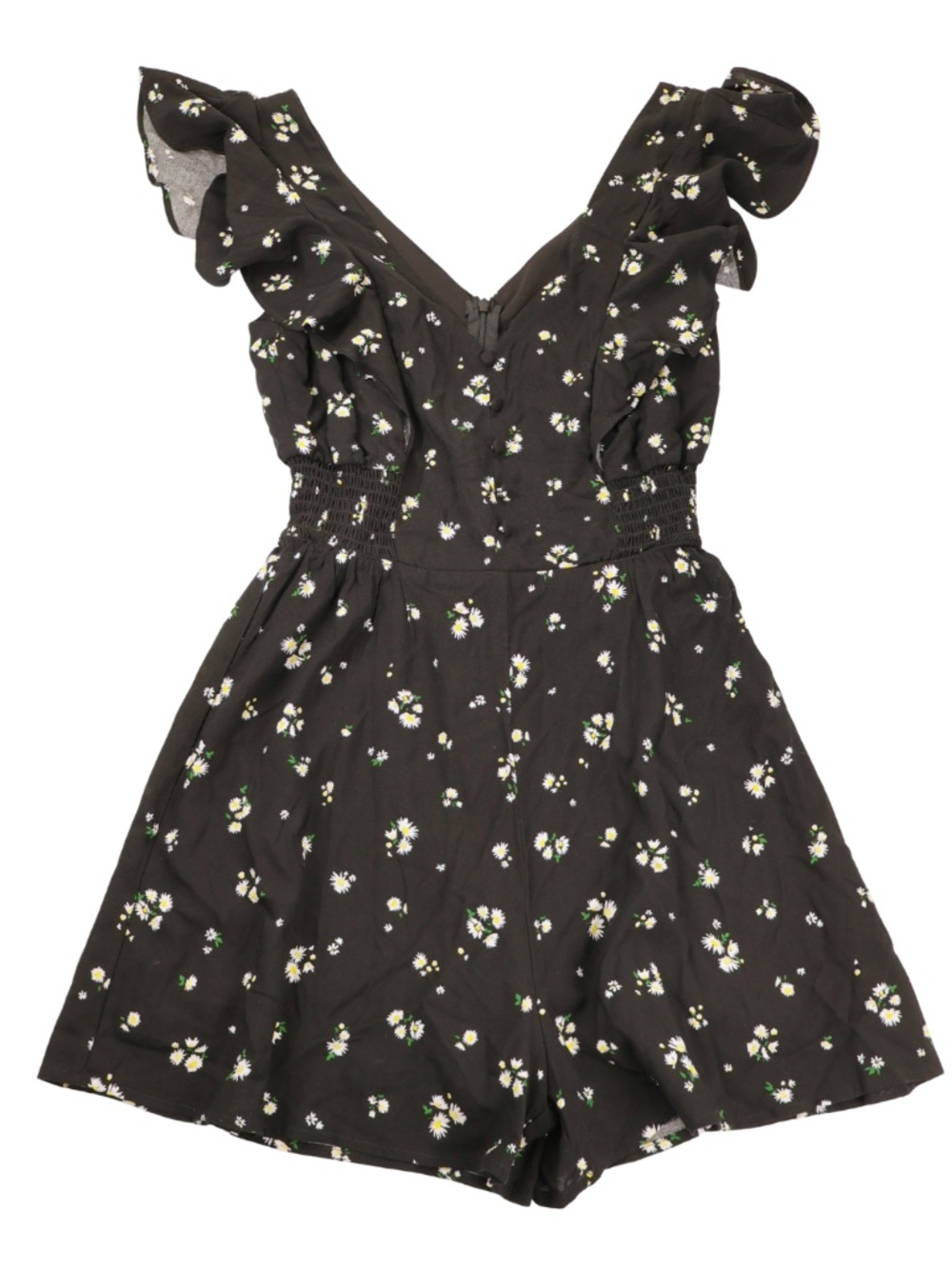 Blue Rain Daisy Floral Romper XS Black Ruffle Sleeve Smocked Waist NWT